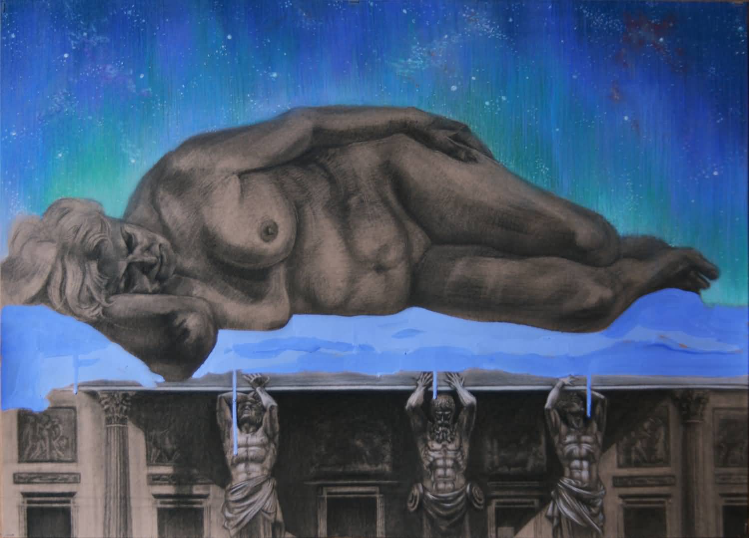 Resting temple. Charcoal, pastel and acrylic colors on paper. 60x86cm 2019