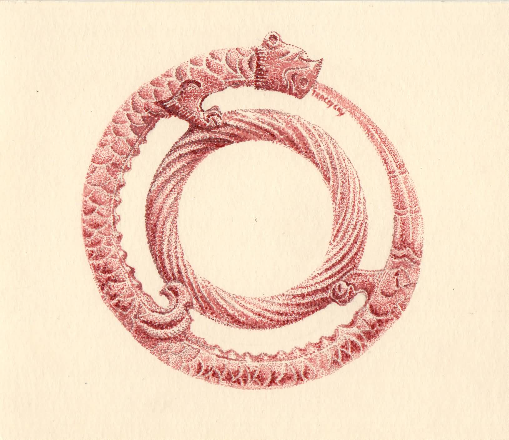 Pendand of a double ring feline dragon. Ink on paper. 10x10 cm. 2022